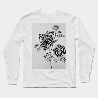 Crazy Zentangle Roses Ink Drawing Black and White Floral flowers Long Sleeve T-Shirt